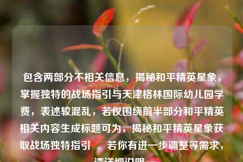包含两部分不相关信息,揭秘和平精英星象,掌握独特的战场指引与天津格林国际幼儿园学费,表述较混乱,若仅围绕前半部分和平精英相关内容生成标题可为,揭秘和平精英星象获取战场独特指引 。若你有进一步调整等需求,请详细说明。